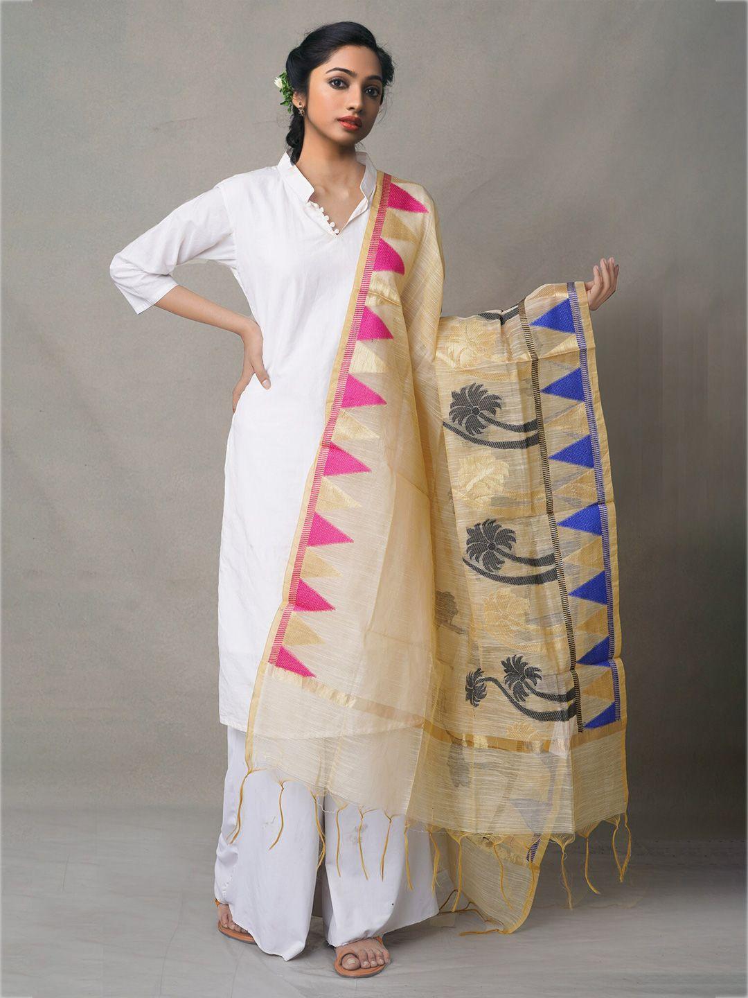 unnati-silks-cream-coloured-&-blue-ethnic-motifs-woven-design-cotton-silk-dupatta