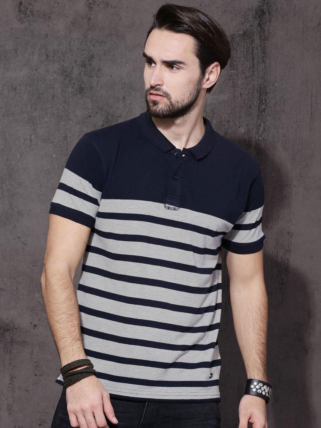roadster-men-grey-&-navy-blue-striped-polo-collar-t-shirt