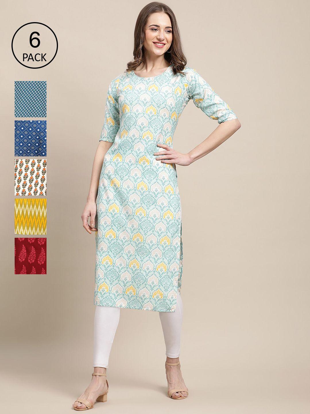 1-stop-fashion-women-pack-of-6-blue-&-yellow-geometric-striped-crepe-kurtas