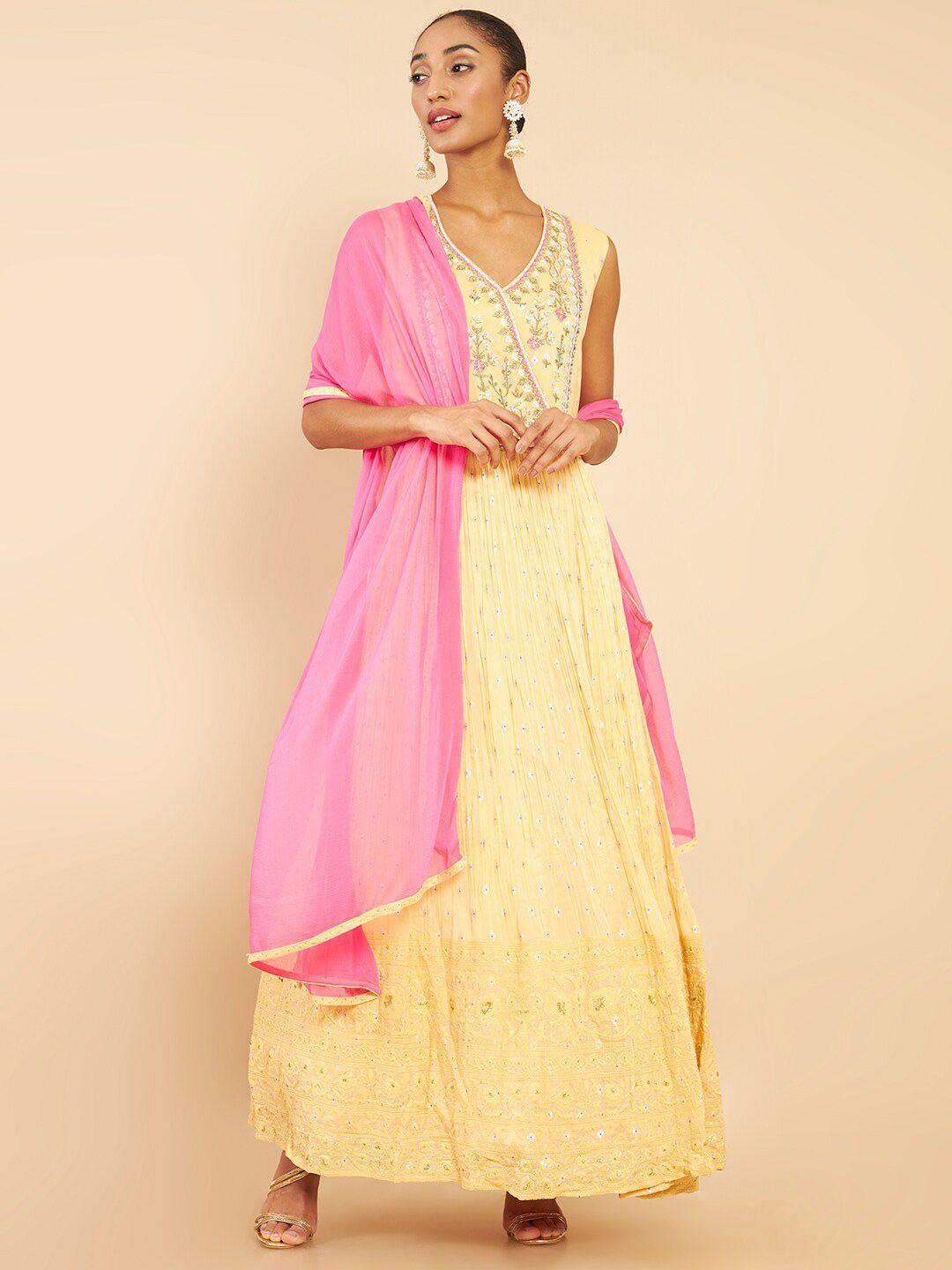 soch-women-beige-floral-embroidered-thread-work-pure-silk-kurta-churidar-&-with-dupatta