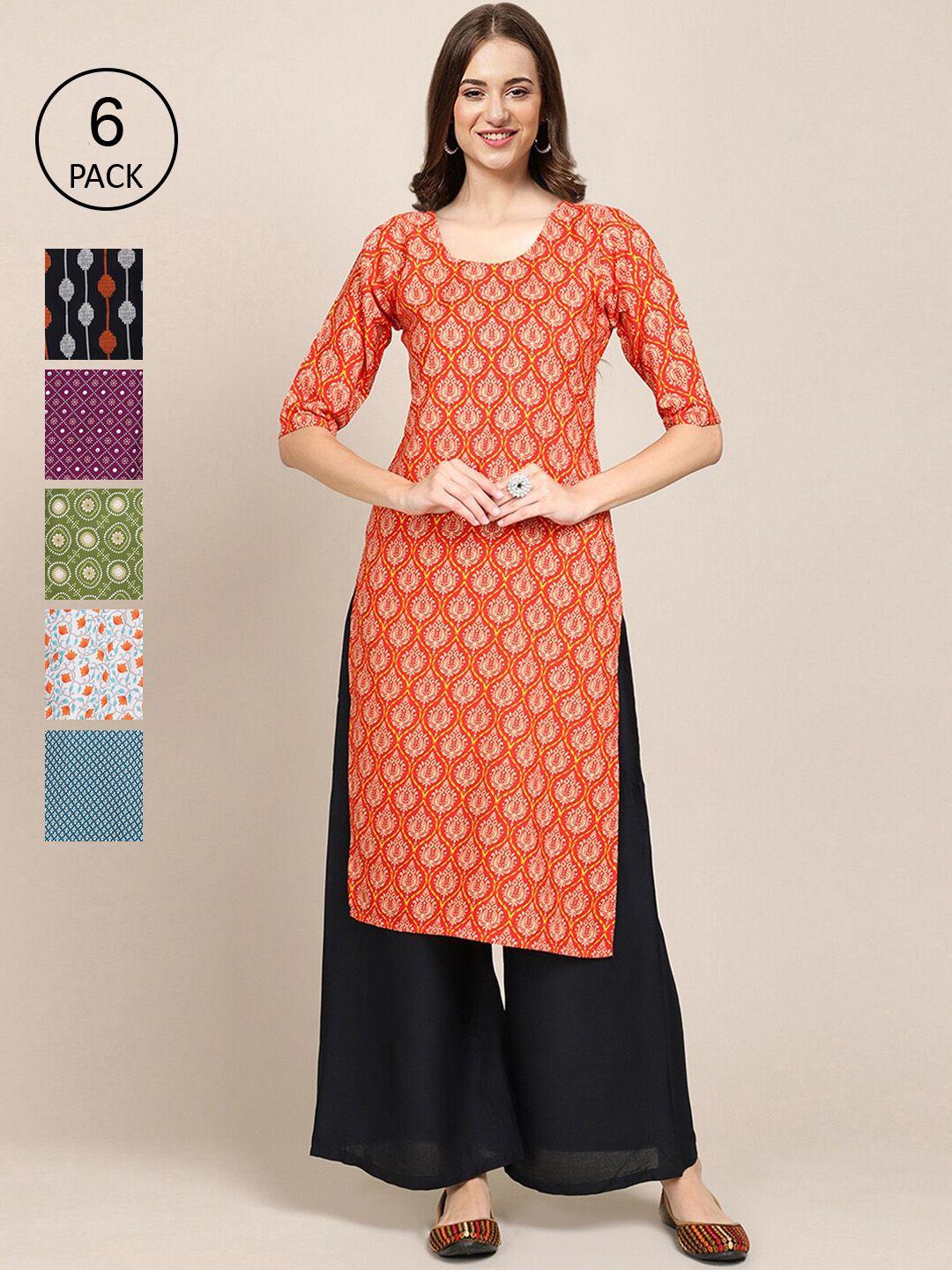 1-stop-fashion-women-orange-&-black-pack-of-6-ethnic-motifs-printed-crepe-kurta