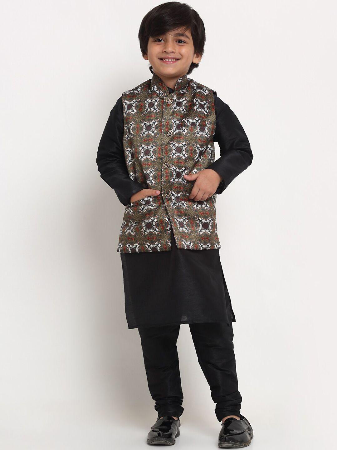 benstoke-boys-black-kurta-with-pyjama-with-printed-nehru-jacket