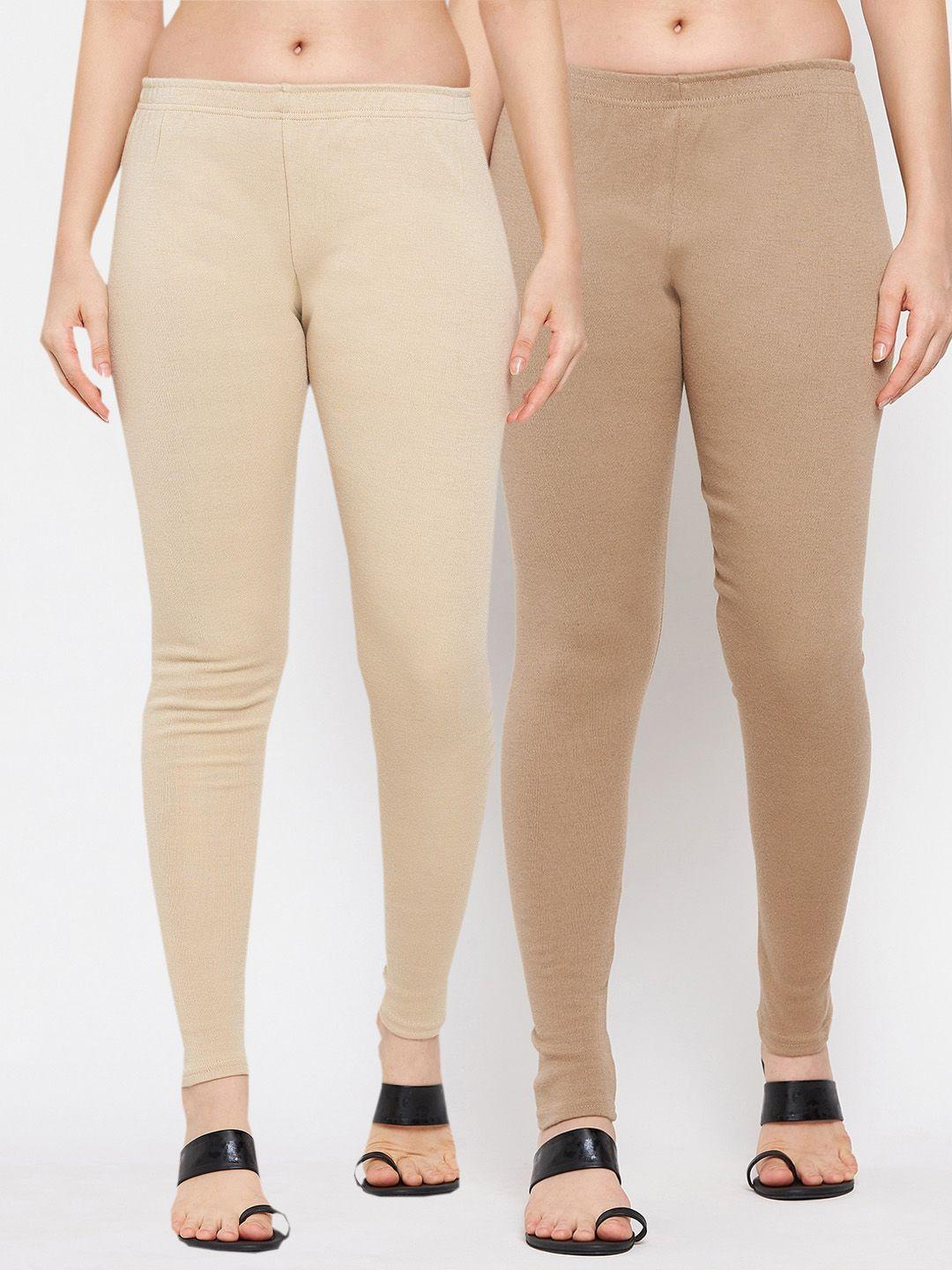 clora-creation-women-pack-of-2-nude-&-beige-solid-woolen-ankle-length-leggings