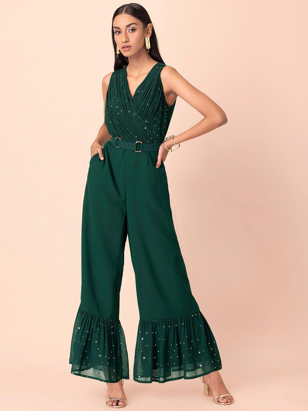 indya-green-foil-ruffled-belted-jumpsuit