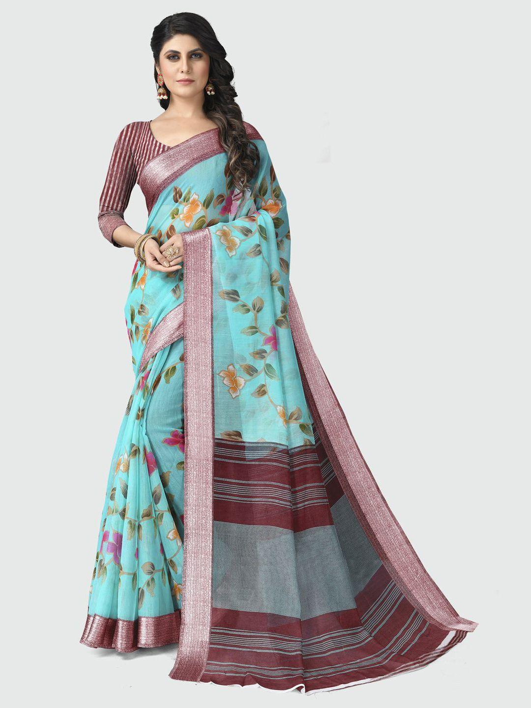 kalini-turquoise-blue-&-pink-floral-zari-pure-cotton-saree