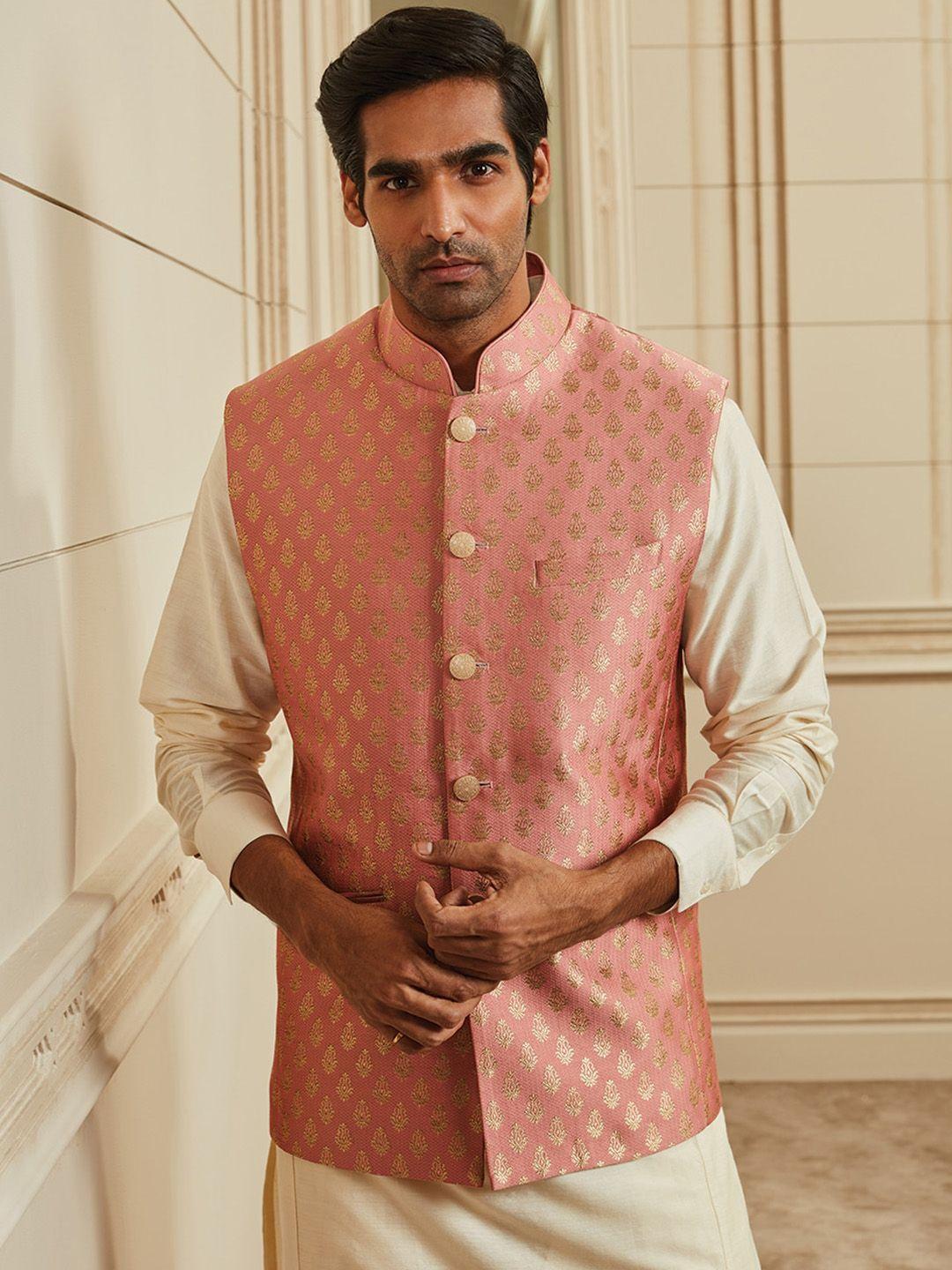 tasva-men-peach-woven-design-nehru-jacket
