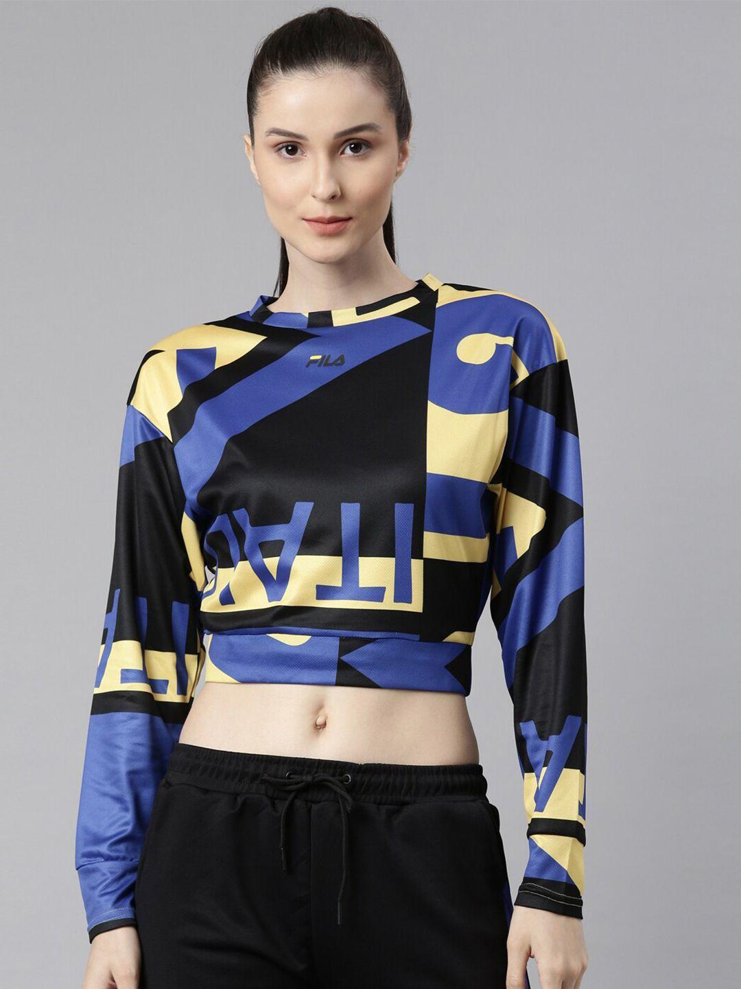 fila-blue-&-black-abstract-print-crop-long-sleeves-top