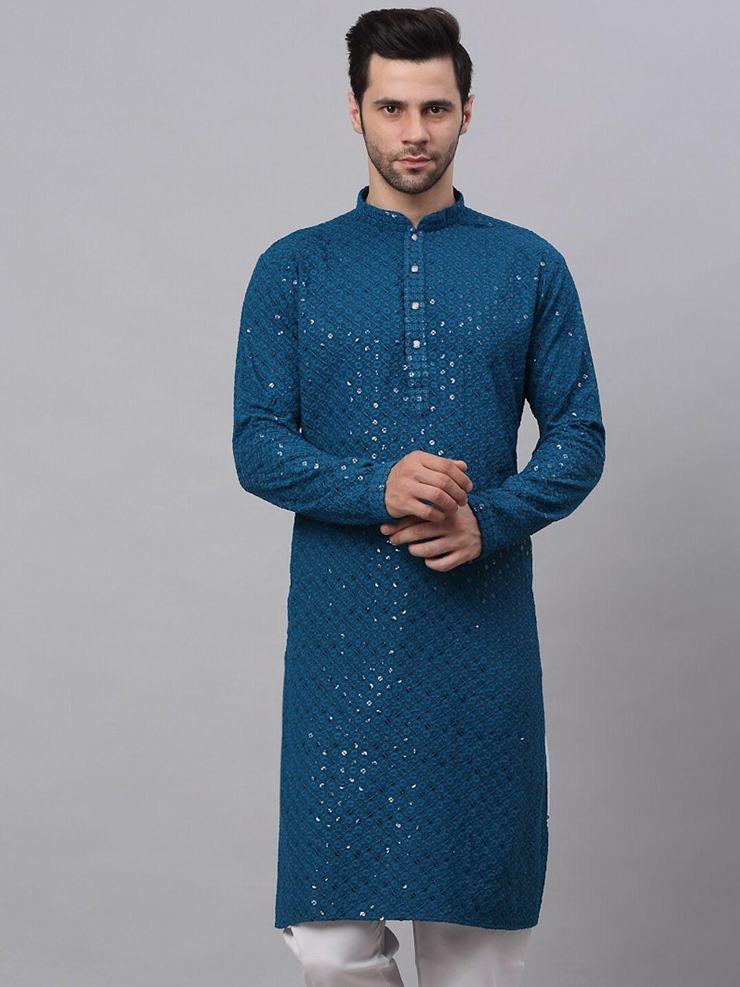 jompers-men-teal-floral-embroidered-sequined-cotton-kurta