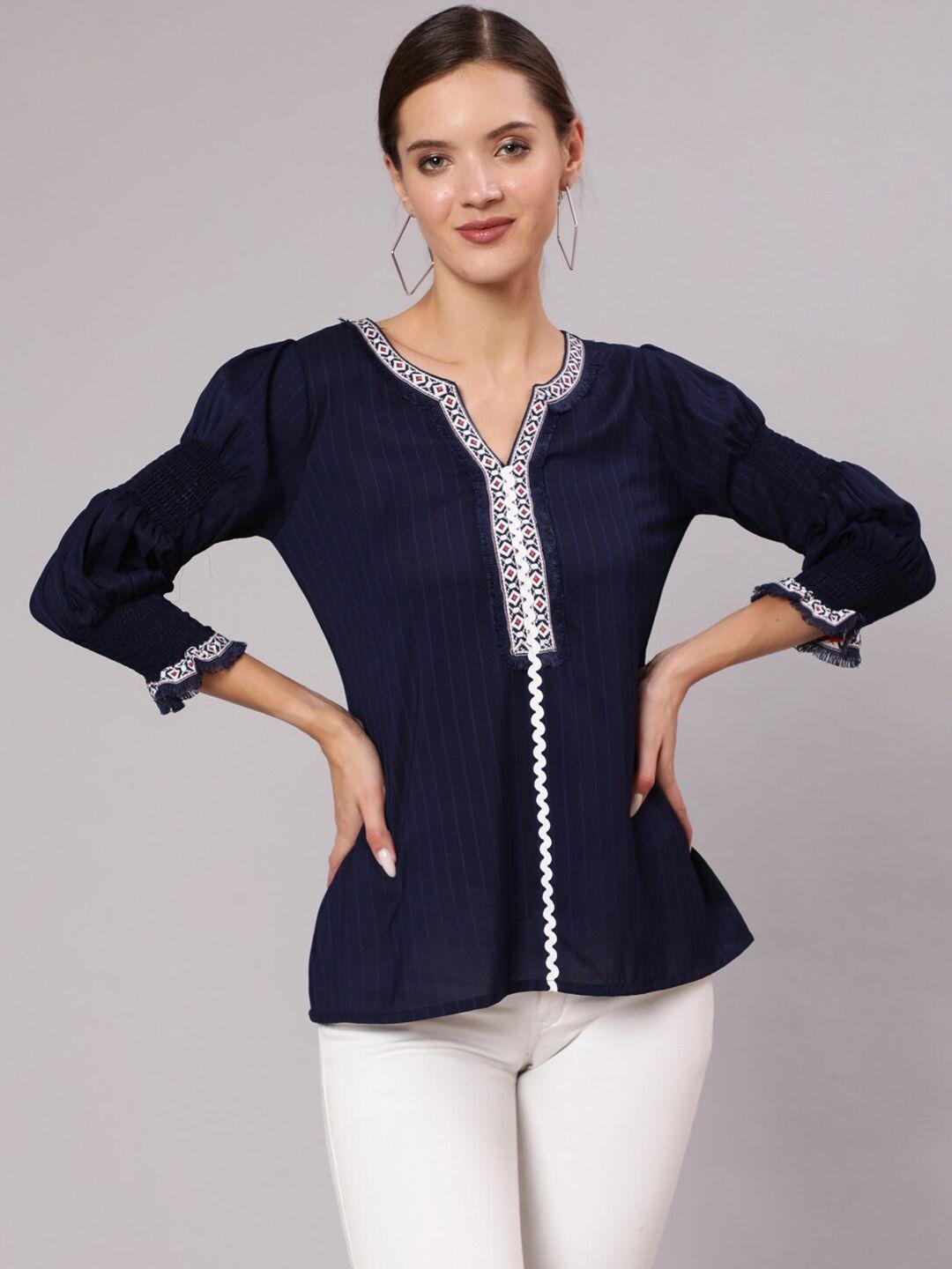 jaipur-kurti-women-navy-blue-&-white-striped-keyhole-neck-indigo-top-with-smocked-sleeves
