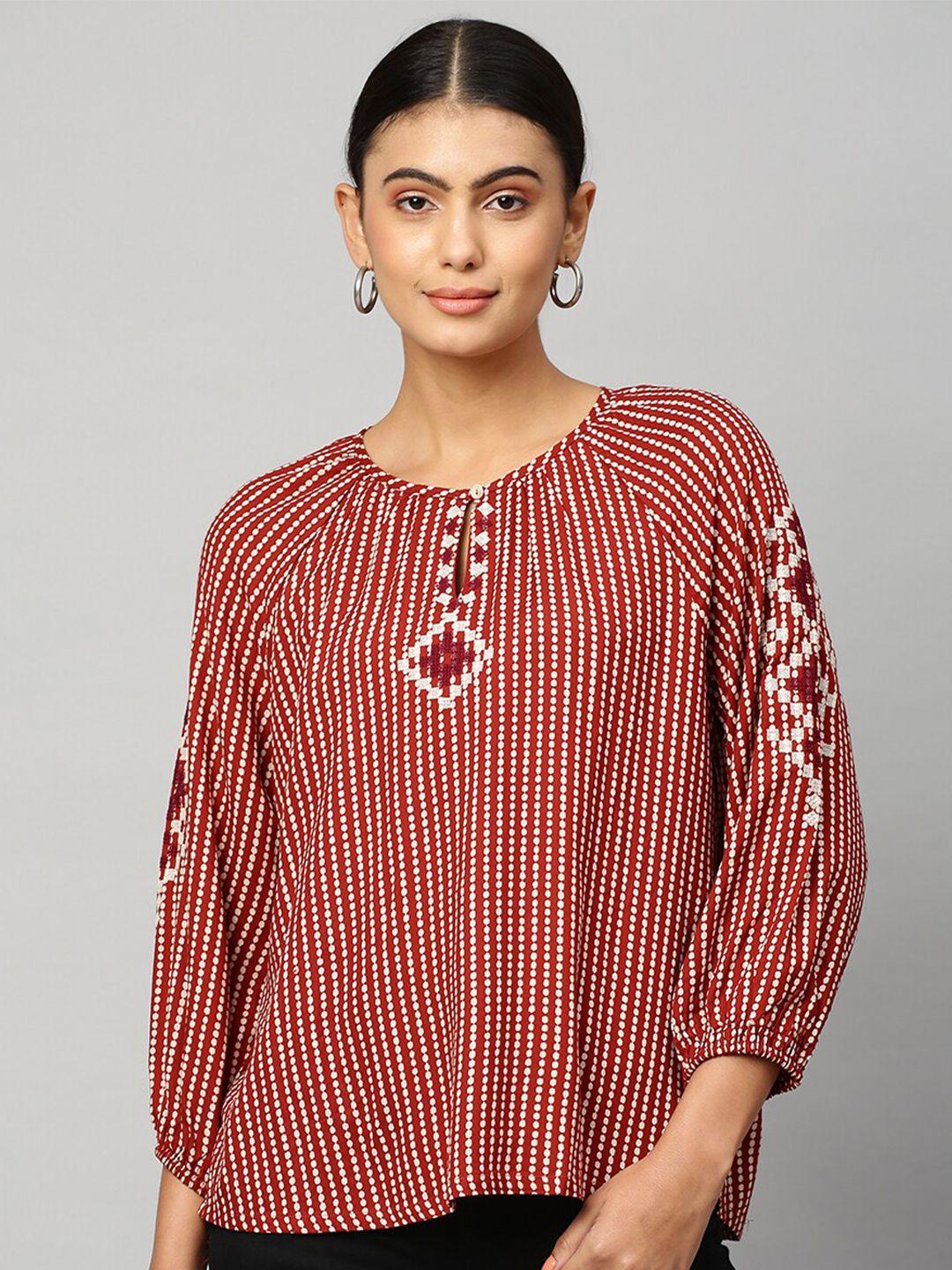 chemistry-women-rust-brown-and-white-geometric-print-keyhole-neck-embroidered-tunic-top