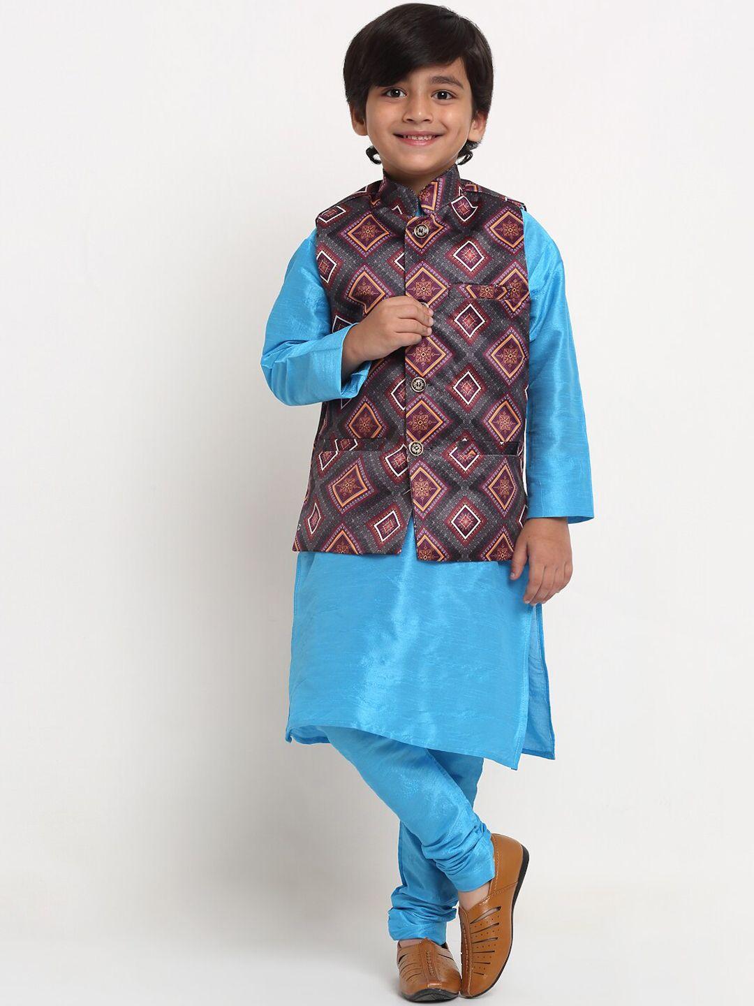 benstoke-boys-blue-kurta-with-pyjama-with-printed-nehru-jacket