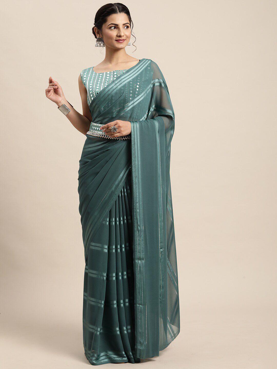 saree-mall-women-teal-poly-georgette-striped-saree-saree-with-matching-blouse