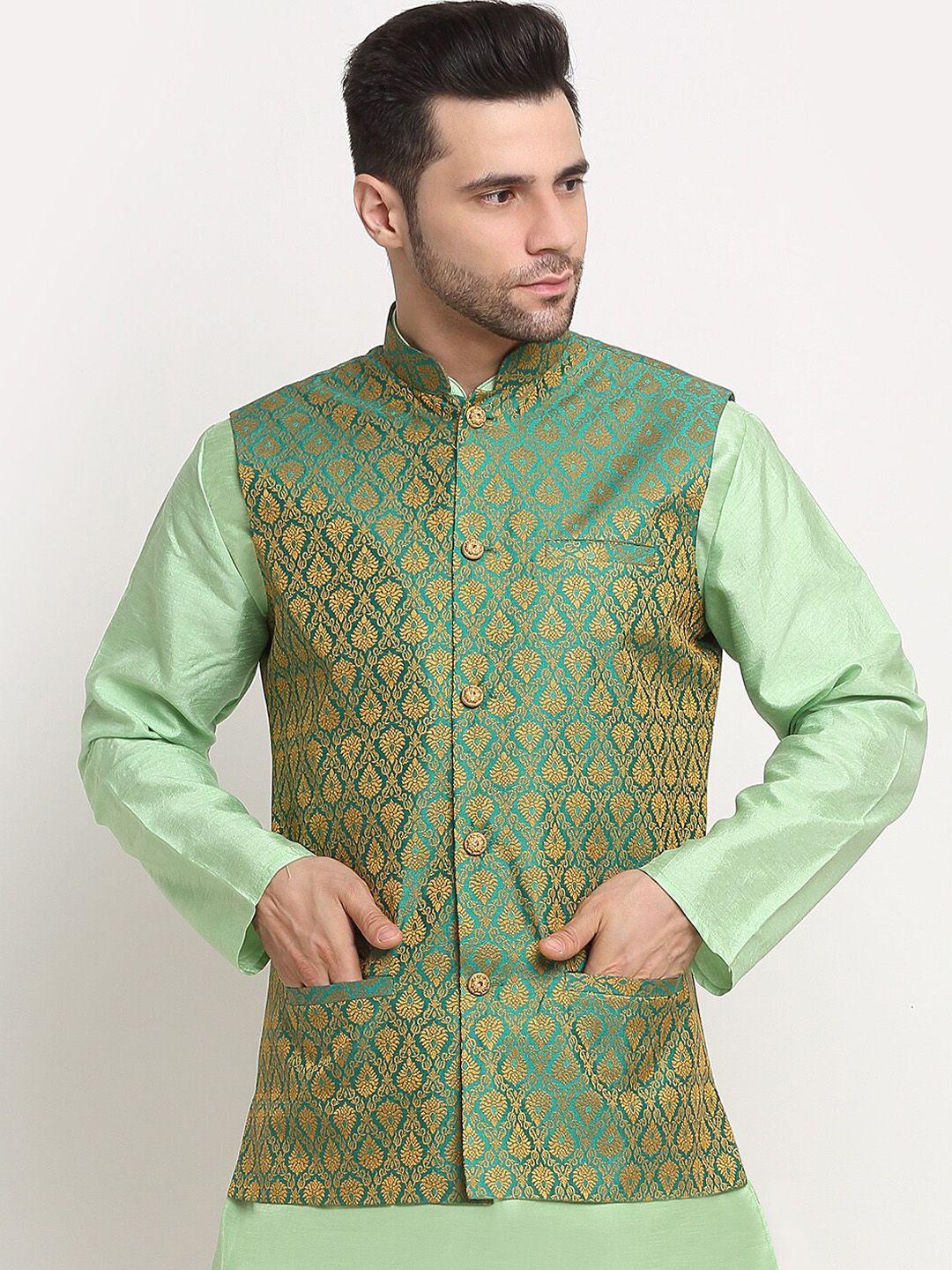 kraft-india-men-green-jacquard-woven-design-nehru-jacket