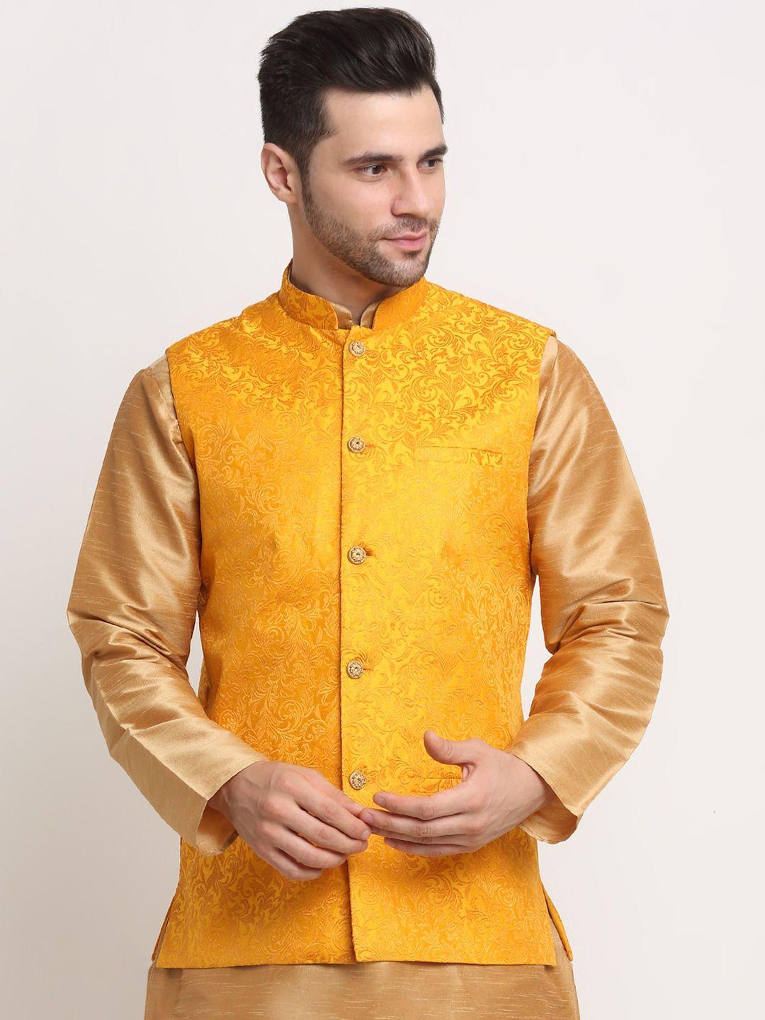 kraft-india-men-yellow-jacquard-woven-design-nehru-jacket