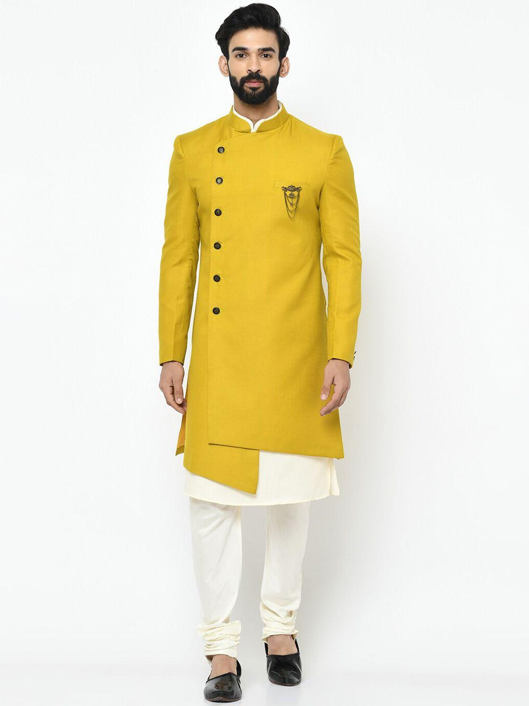 kisah-men-mustard-yellow-&-off-white-solid-cotton-sherwani-set