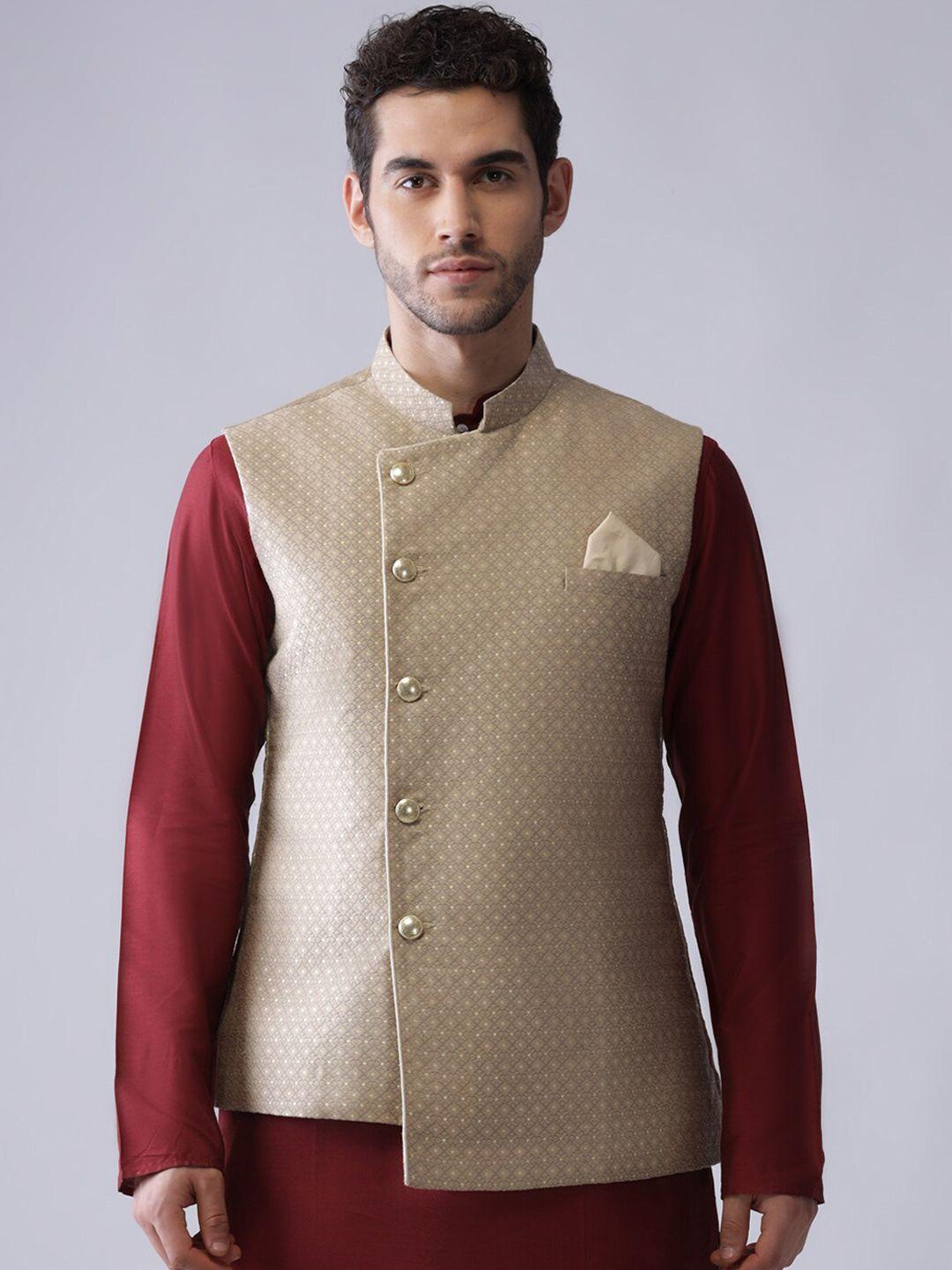 kisah-men-beige-woven-design-nehru-jacket