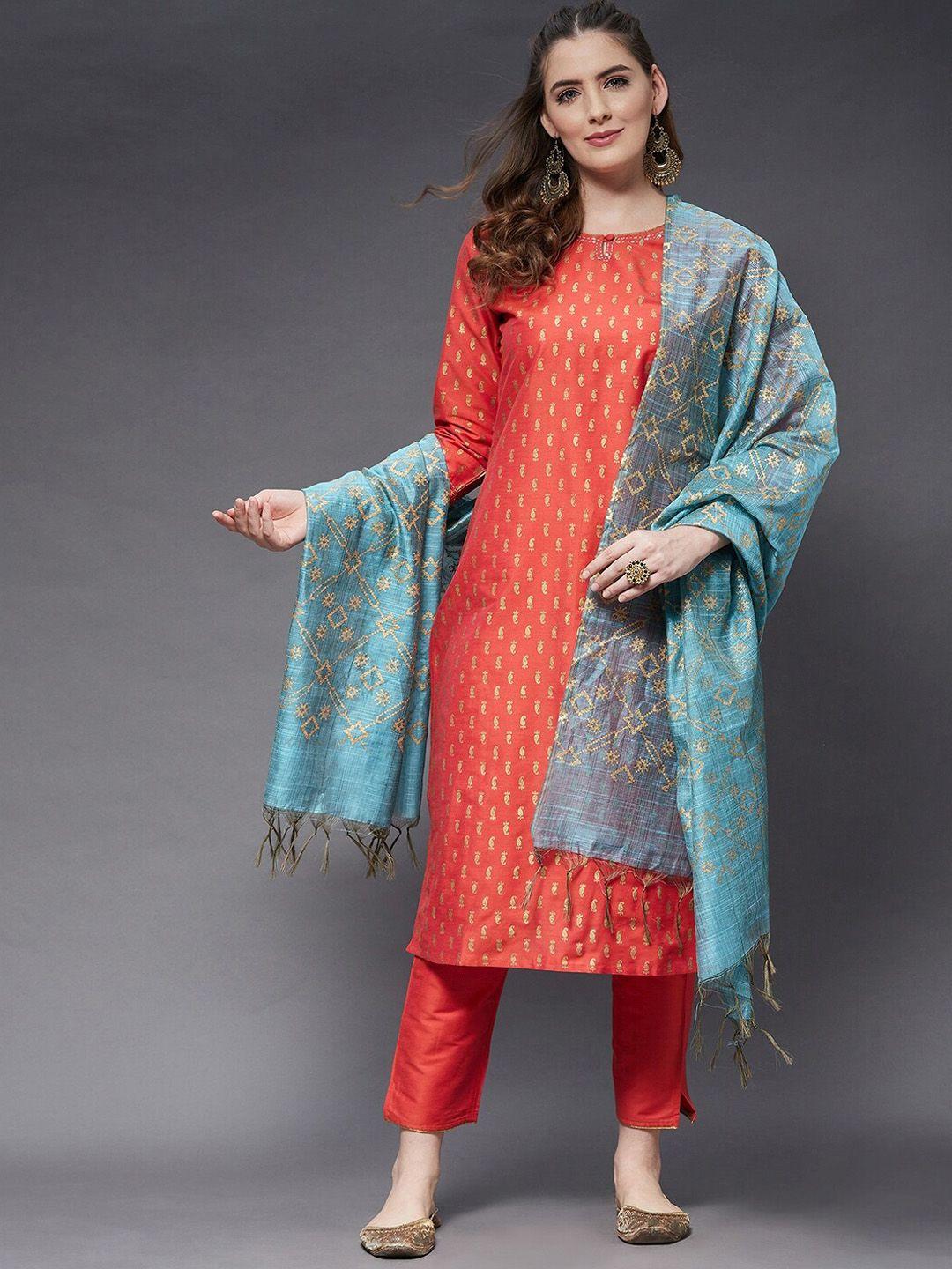 azira-women-orange-&-blue-printed-straight-kurta-with-trousers-&-with-dupatta