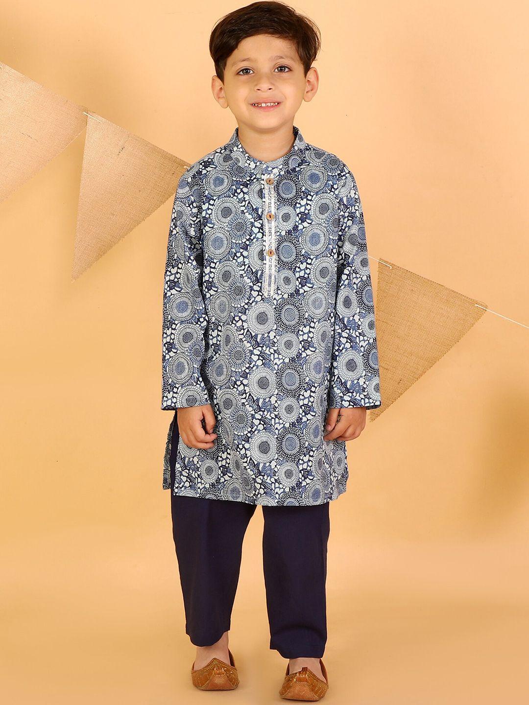 lil-drama-boys-navy-blue-printed-pure-cotton-straight-kurta-with-pyjamas