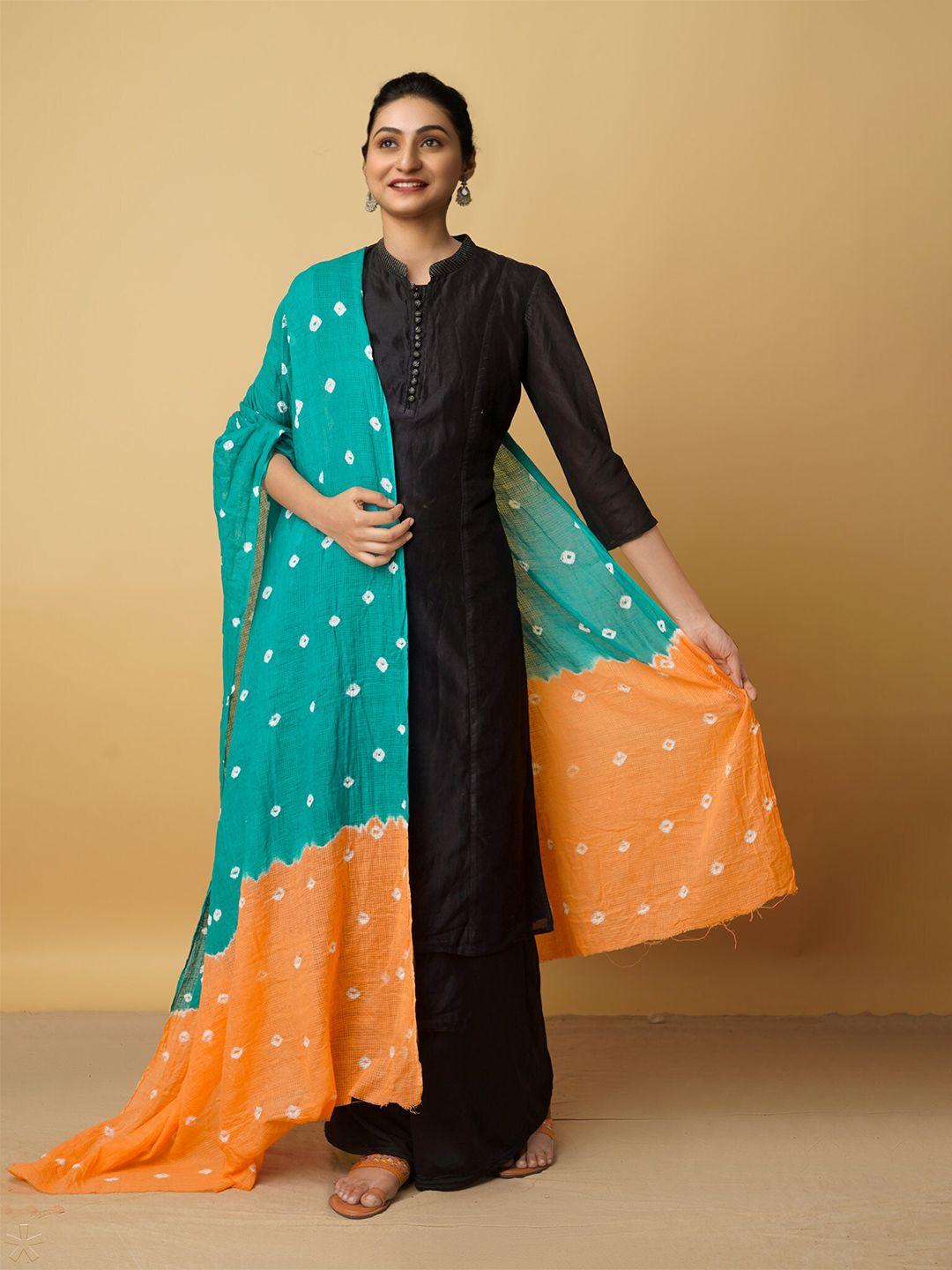 unnati-silks-sea-green-&-orange-printed-pure-cotton-shibori-dupatta