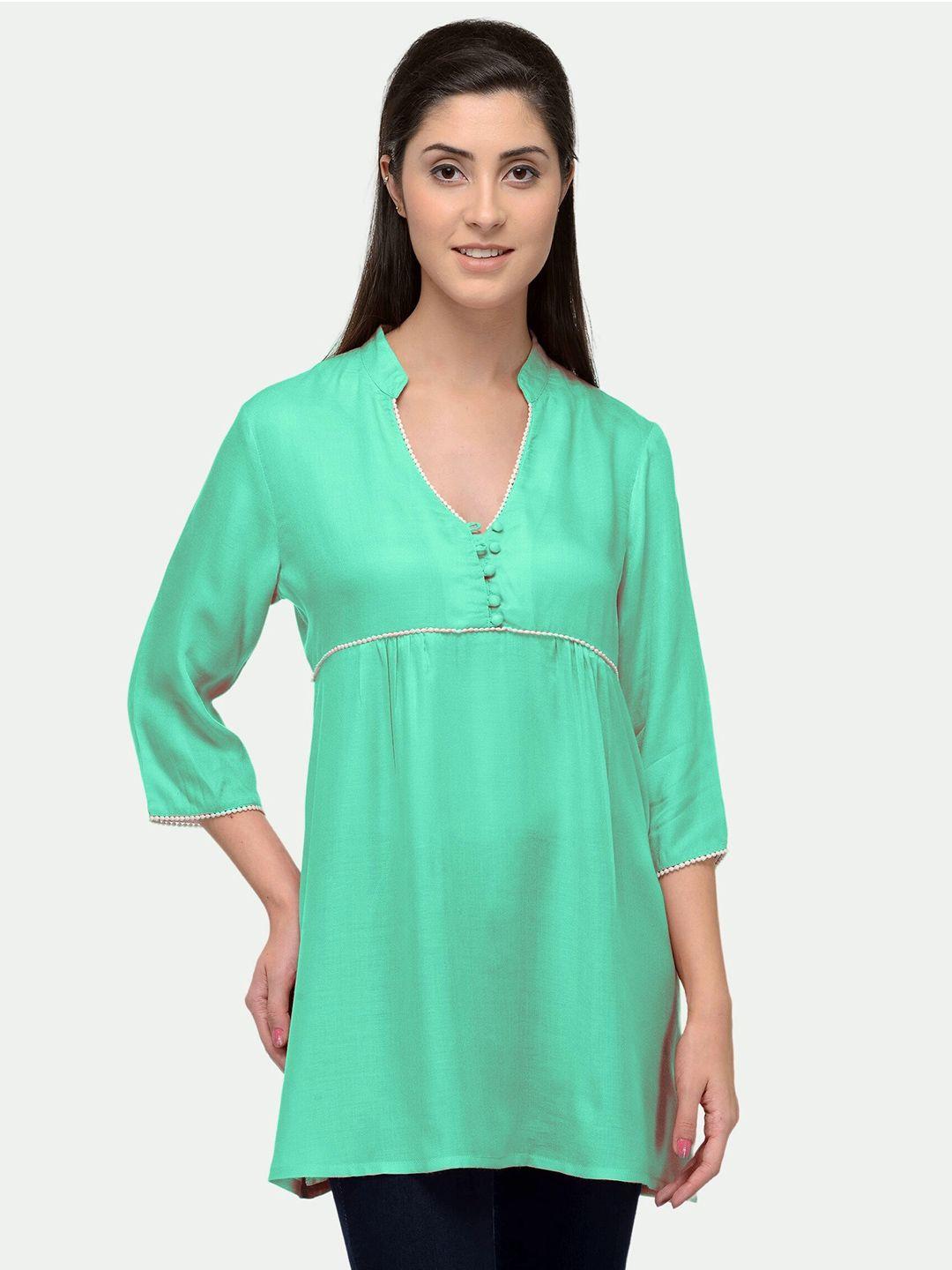 patrorna-women-sea-green-solid-mandarin-collar-top