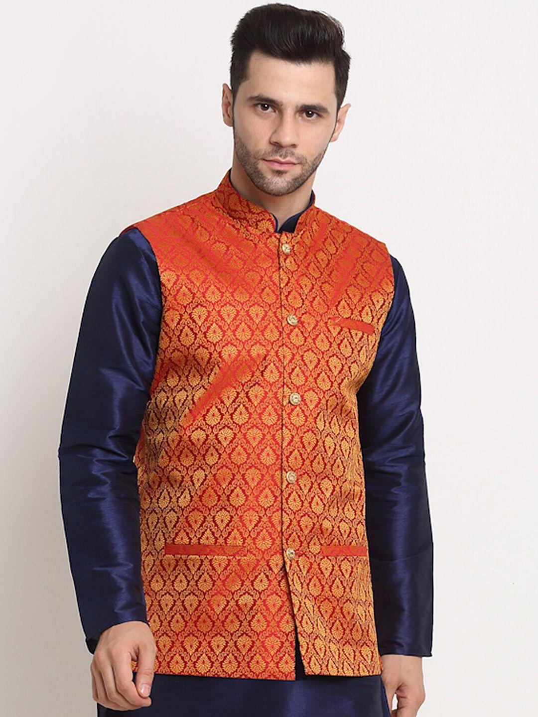 kraft-india-men-red-&-gold-toned-ethnic-motifs-jacquard-nehru-jacket