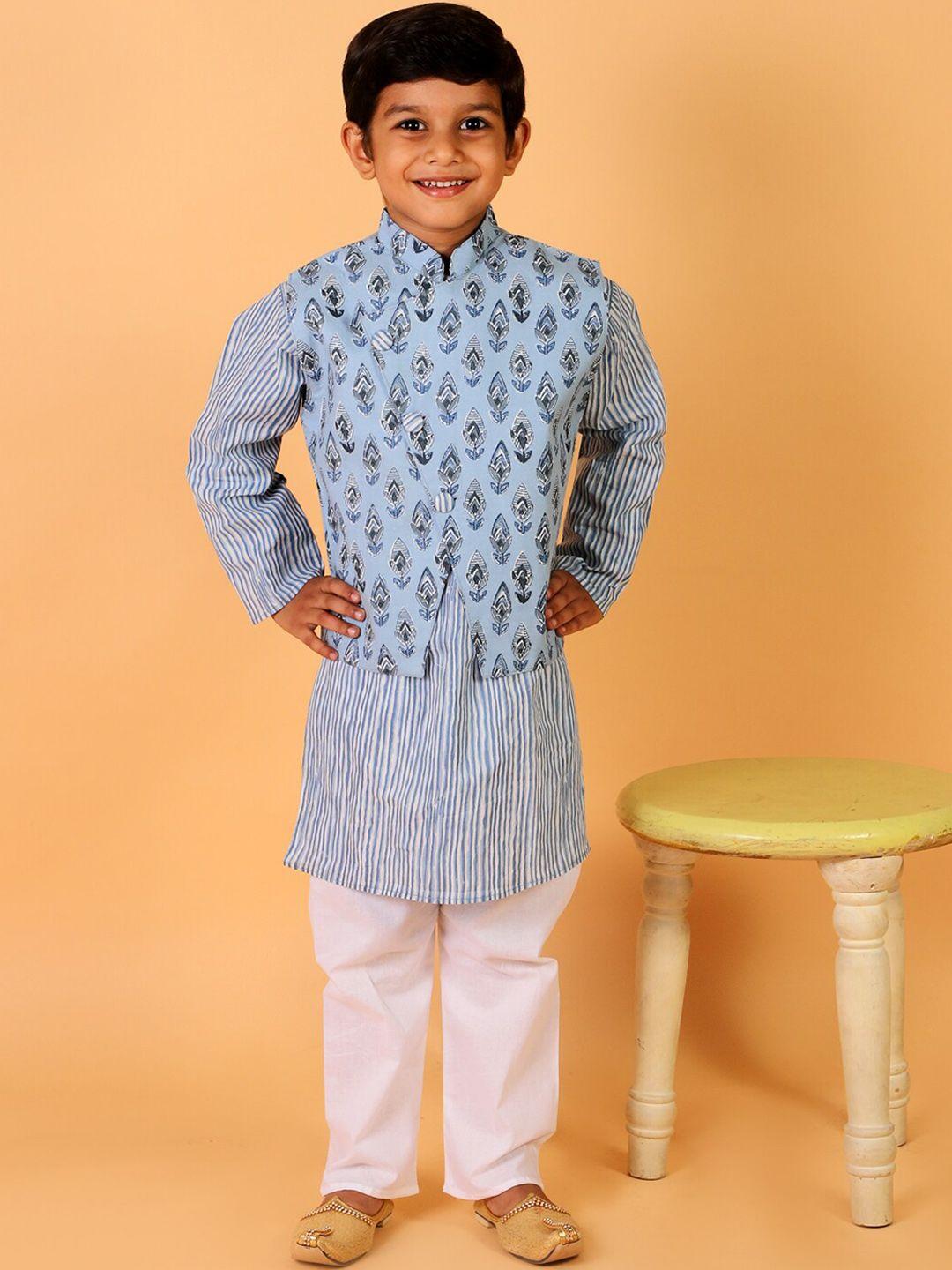 the-mom-store-boys-blue-striped-pure-cotton-kurta-with-pyjama-with-jacket