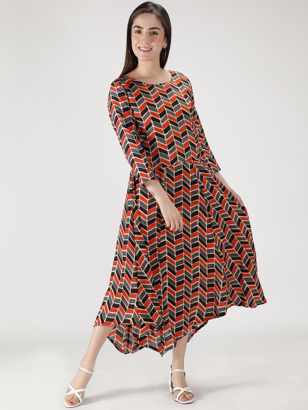 fabclub-women-orange-&-black-geometric-printed-ethnic-dresses