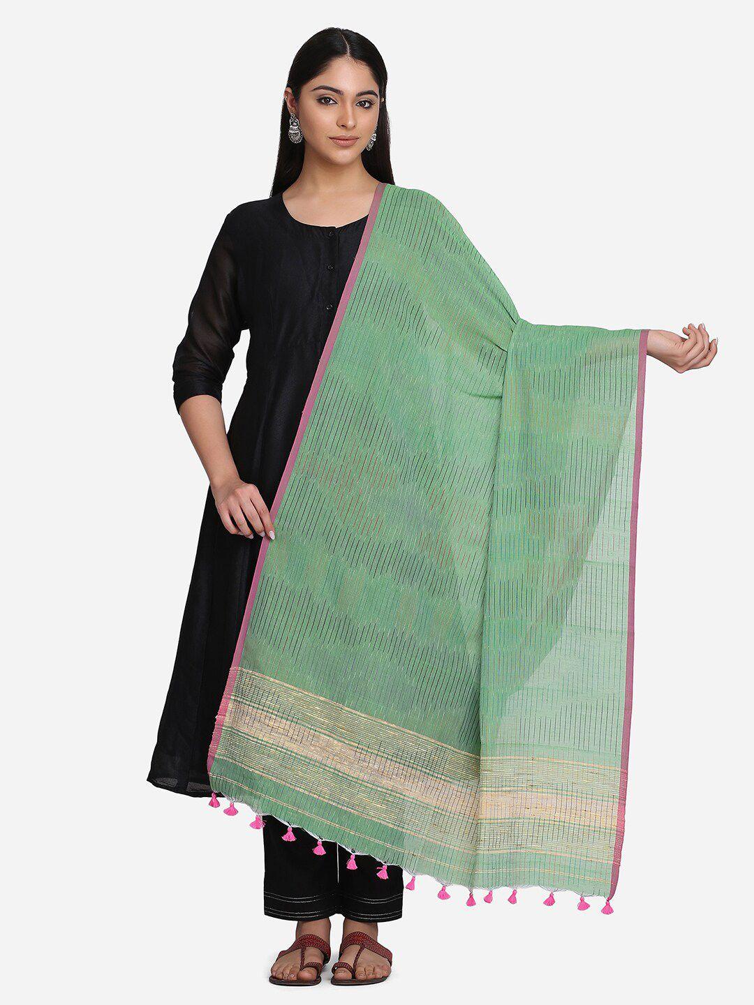 the-weave-traveller-green-&-pink-striped-pure-cotton-dupatta