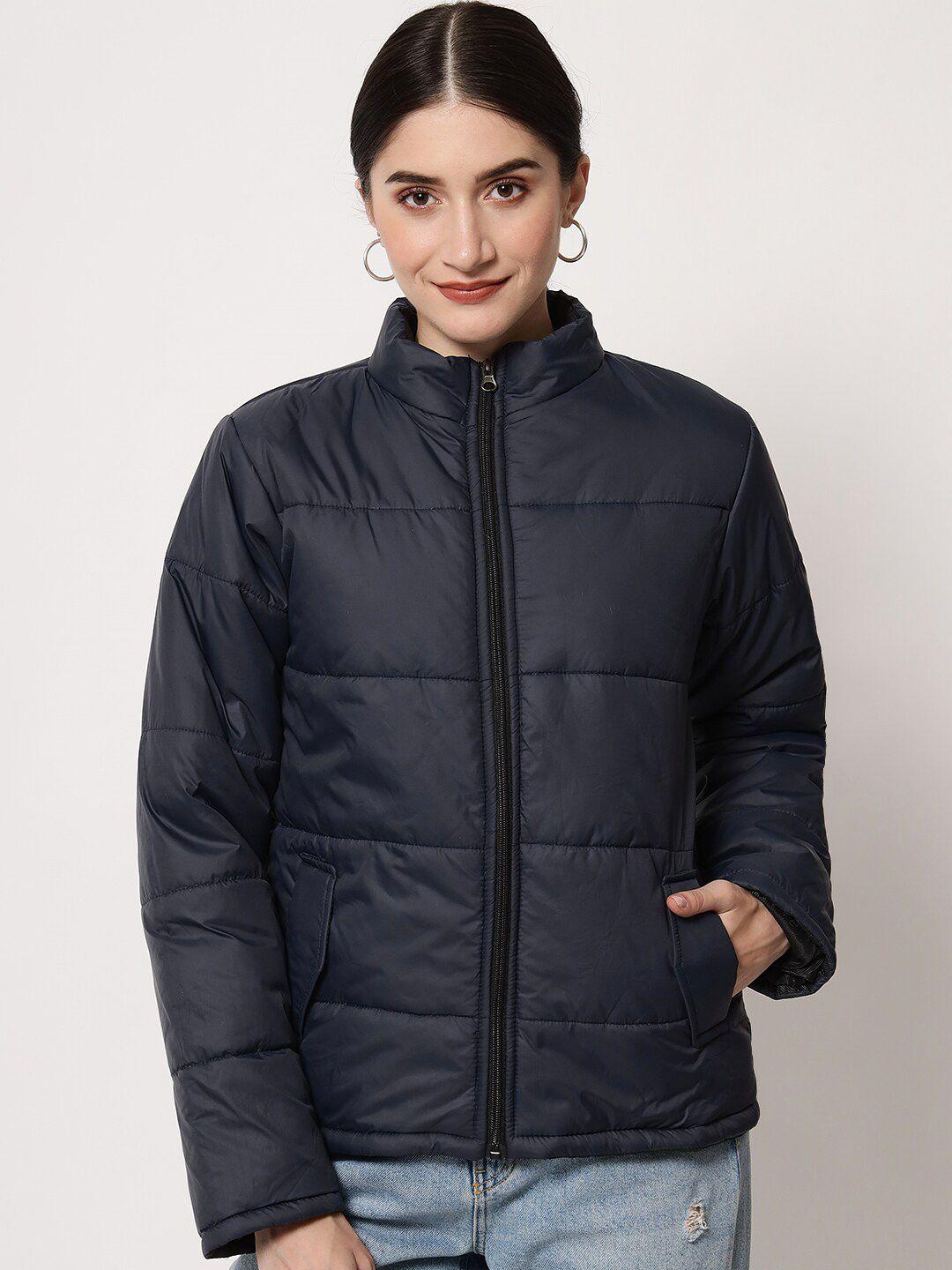 kotty-women-navy-blue-solid-polyester-puffer-jacket