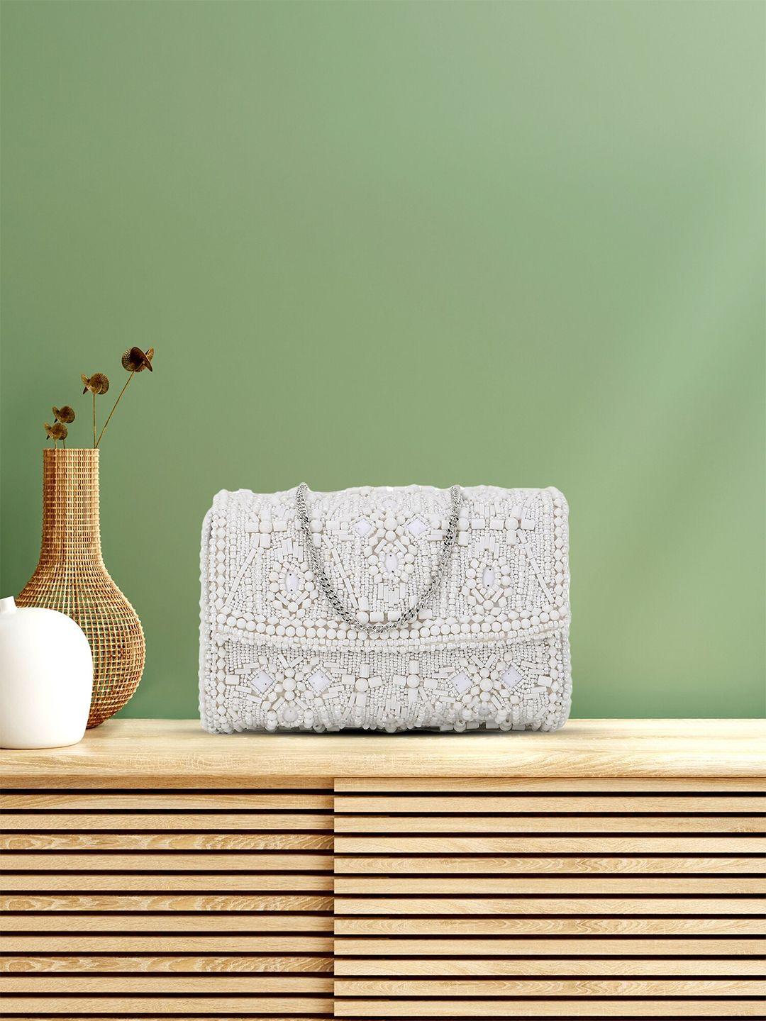 anekaant-white-&-silver-toned-embellished-foldover-clutch