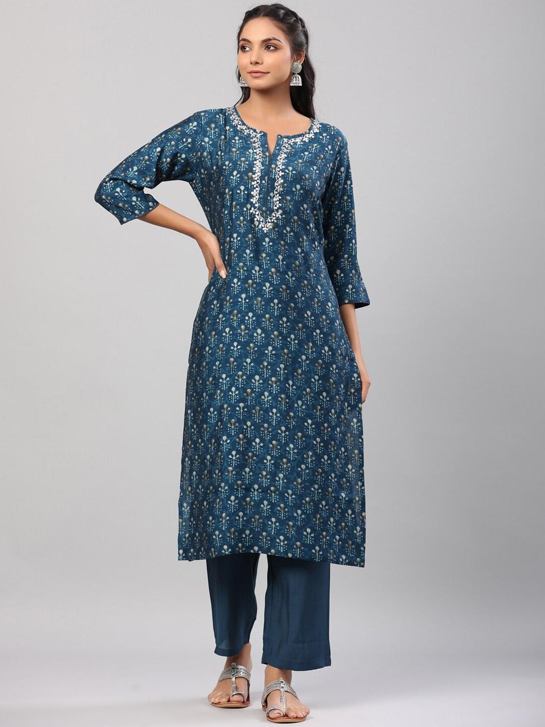 do-dhaage-women-blue-floral-printed-kurta-with-trousers