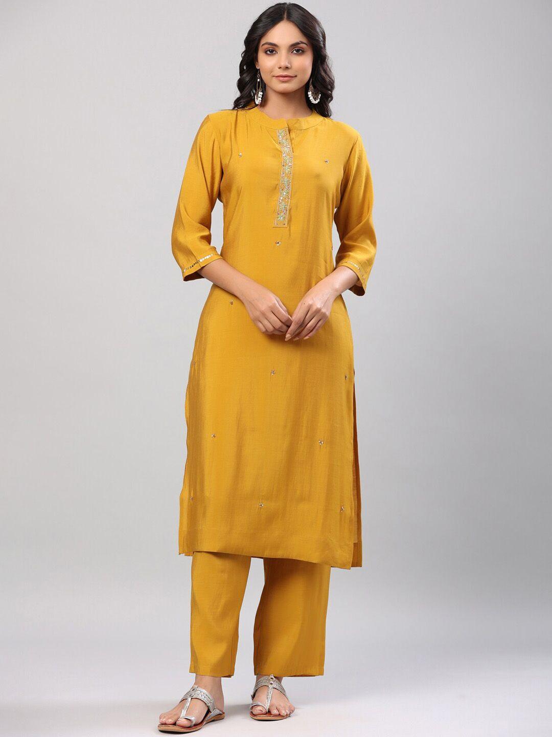 do-dhaage-women-mustard-yellow-embroidered-sequinned-kurta-with-trousers-&-with-dupatta