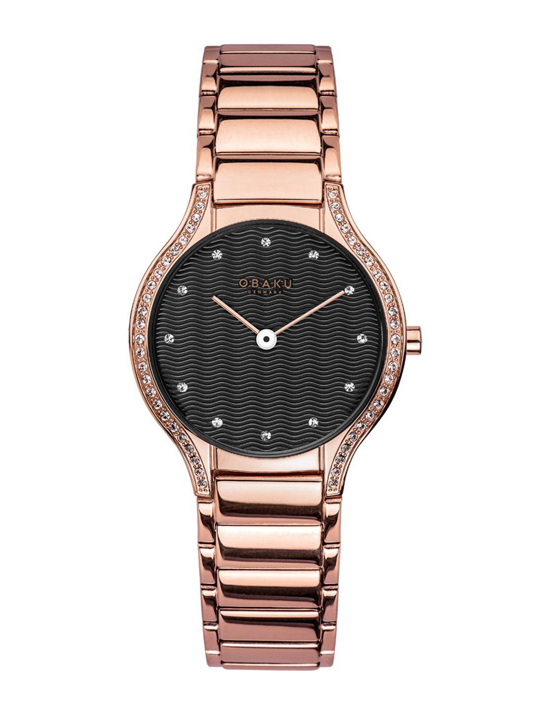 obaku-women-black-brass-embellished-dial-&-rose-gold-plated-stainless-steel-bracelet-style-straps-analogue-watch