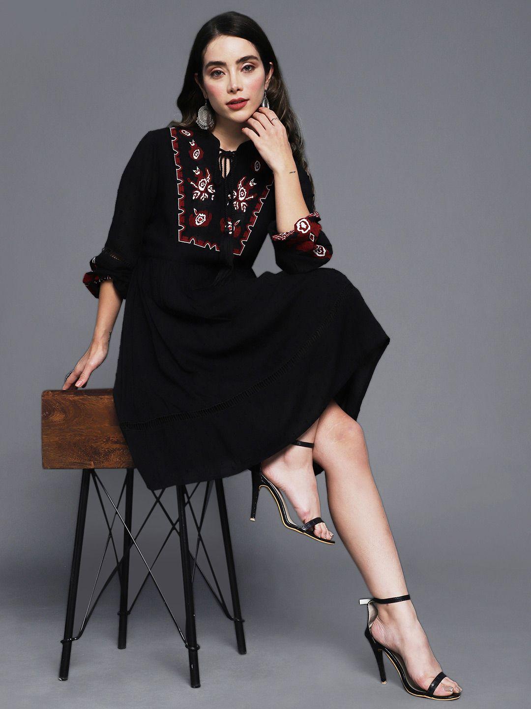 ishin-black-floral-embroidered-tie-up-neck-a-line-dress