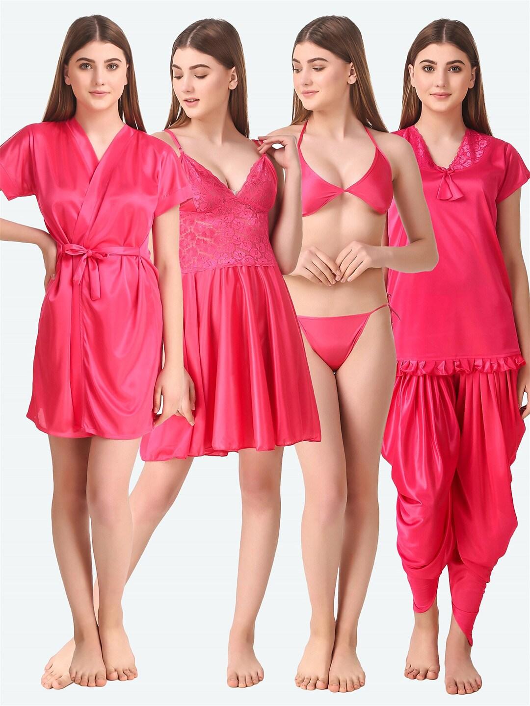 romaisa-women-pink-solid-lace-detail-6-piece-satin-maxi-wrap-nightdress