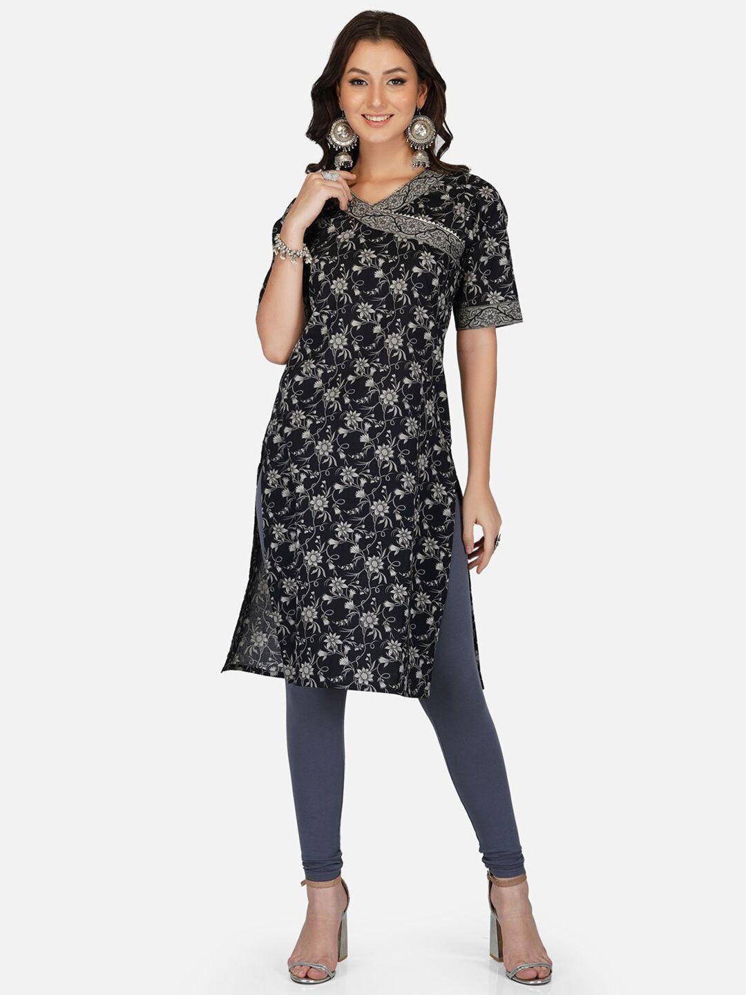 metro-fashion-grey-&-black-floral-printed-v-neck-gotta-patti-pure-cotton-kurti