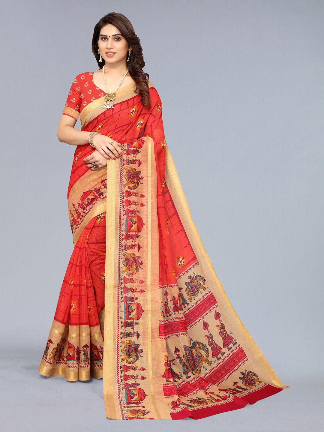 winza-designer-red-&-gold-toned-kalamkari-saree