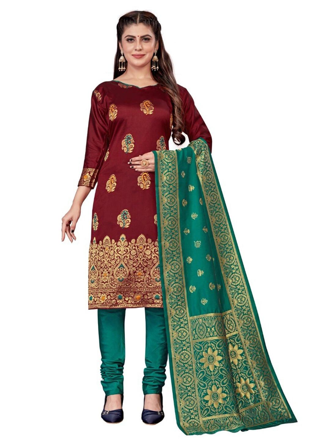 morly-women-maroon-&-green-dupion-silk-unstitched-dress-material