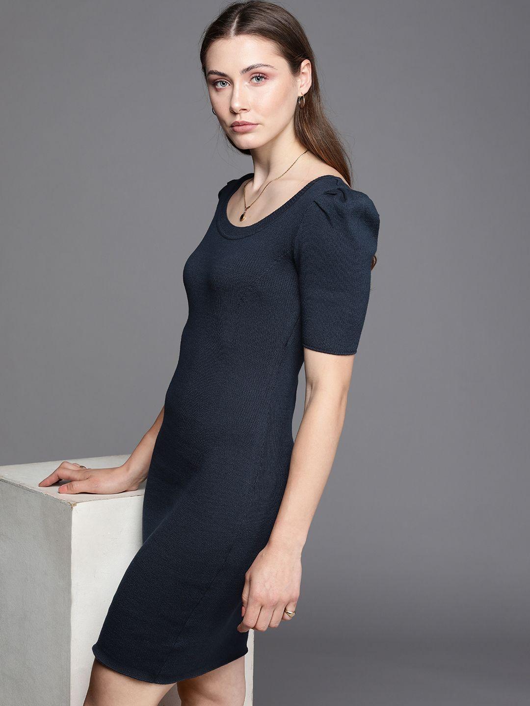 kenneth-cole-concurrent-women-navy-blue-ribbed-solid-puff-sleeve-bodycon-dress