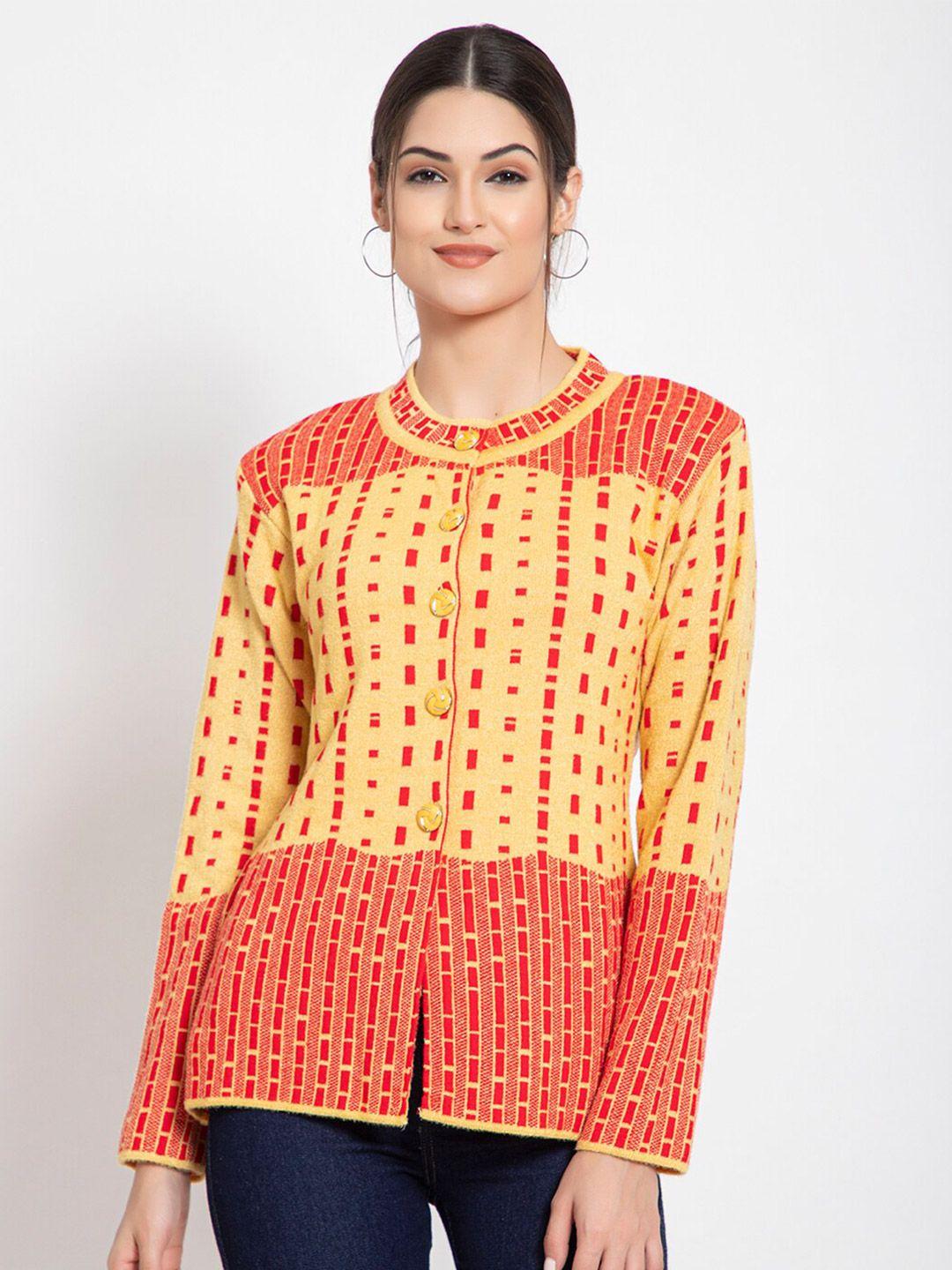 tysort-women-yellow-and-red-geometric-print-woolen-cardigan