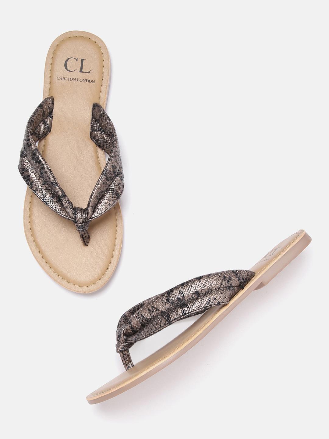 carlton-london-women-bronze-toned-&-black-snakeskin-textured-open-toe-flats