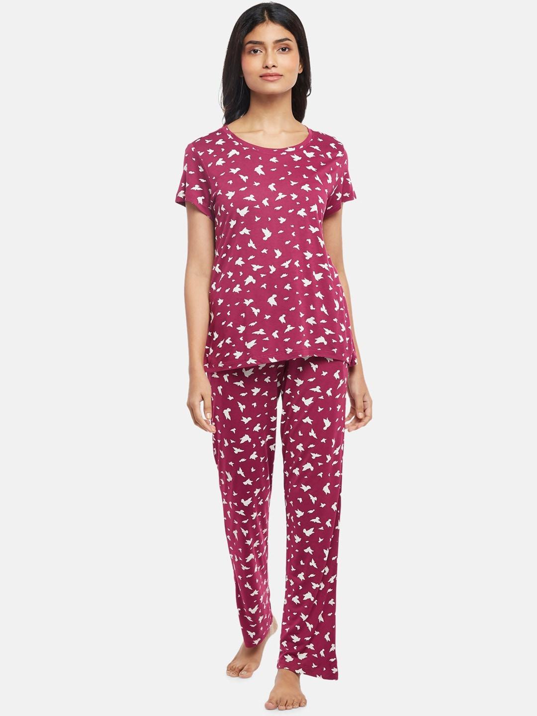 dreamz-by-pantaloons-women-magenta-&-off-white-printed-cotton-blend-night-suit