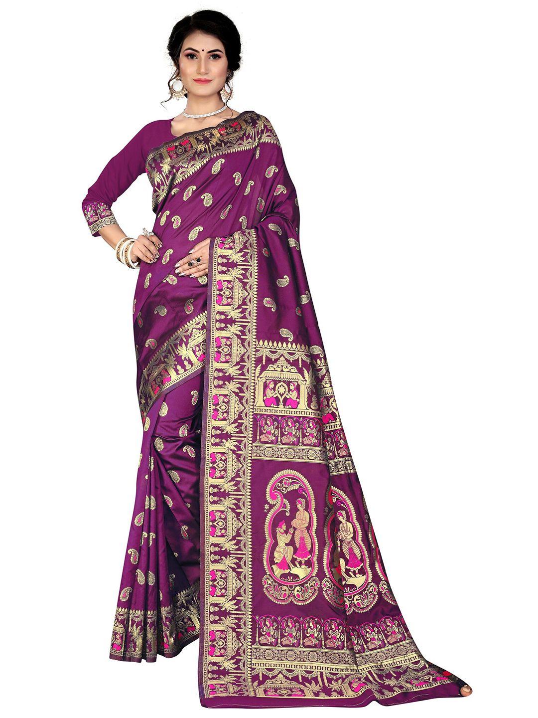 rivana-purple-&-pink-woven-design-zari-silk-blend-baluchari-saree