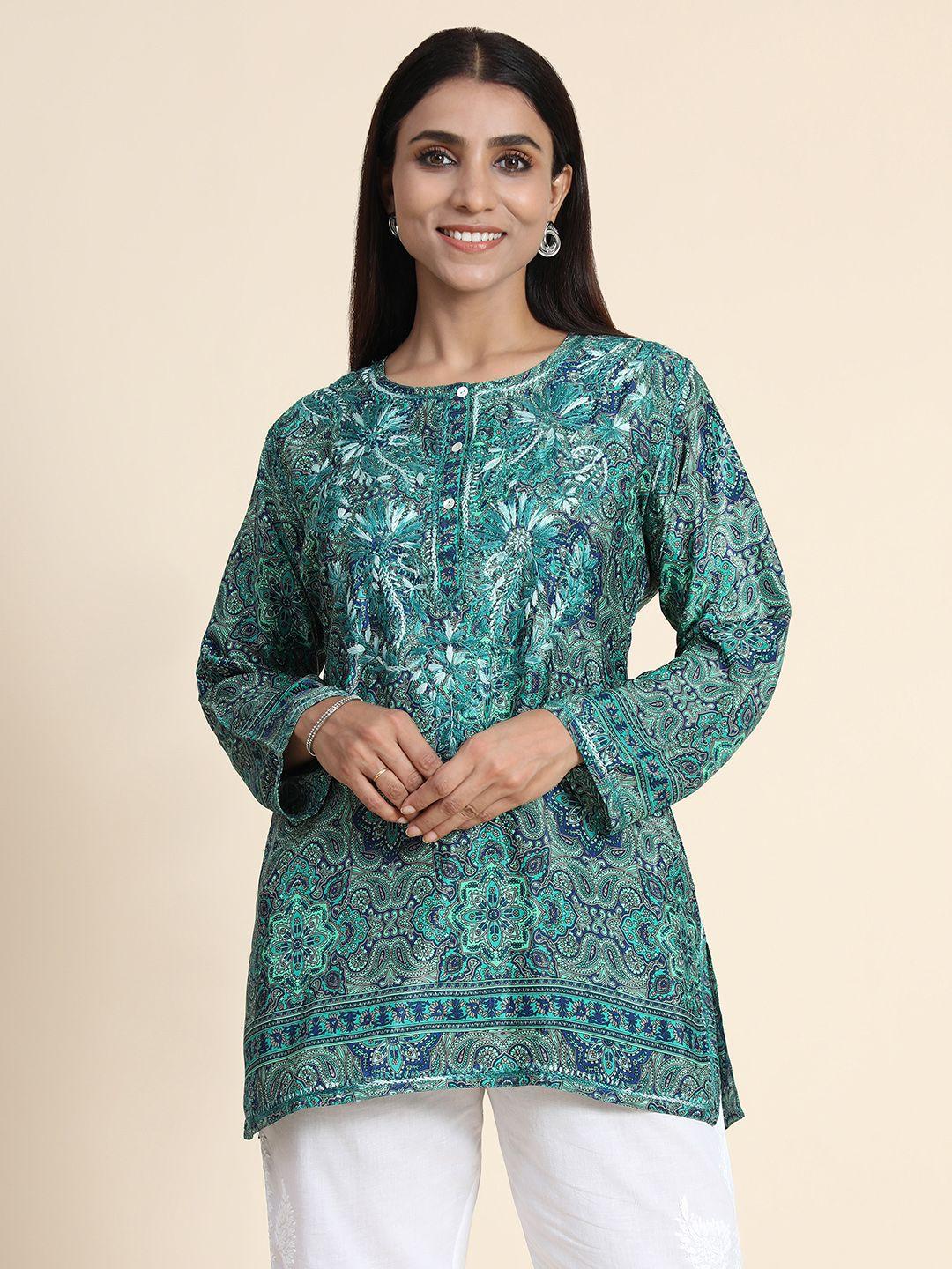 house-of-kari-women-green-&-blue-embroidered-tunic