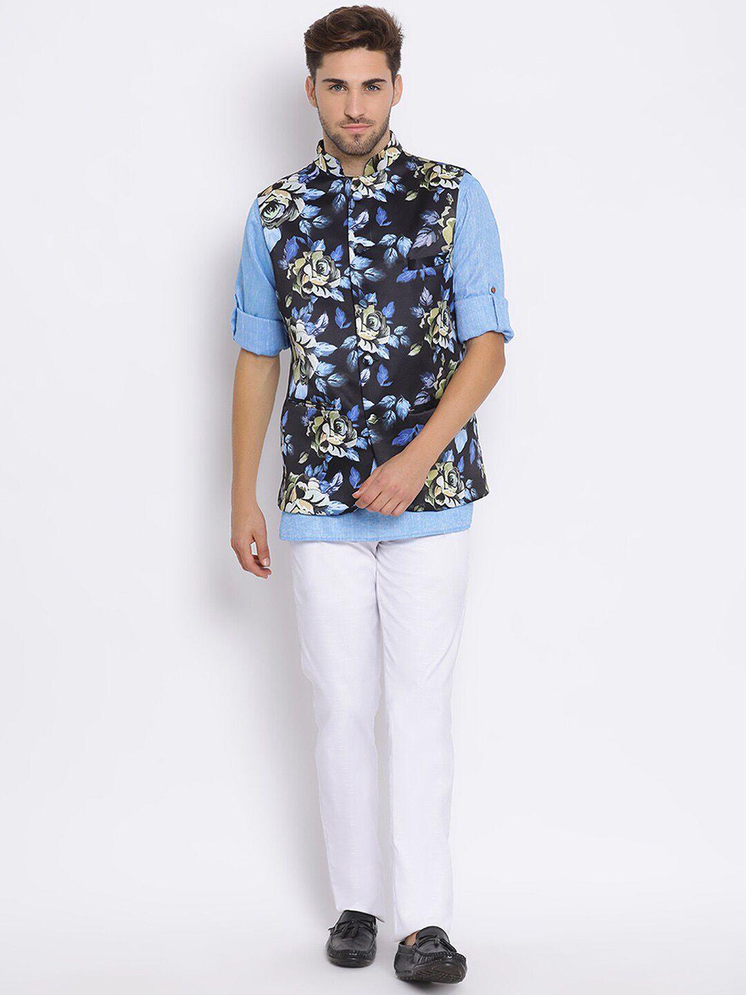 hangup-men-blue-printed-kurta-with-pyjamas-&-nehru-jacket-set