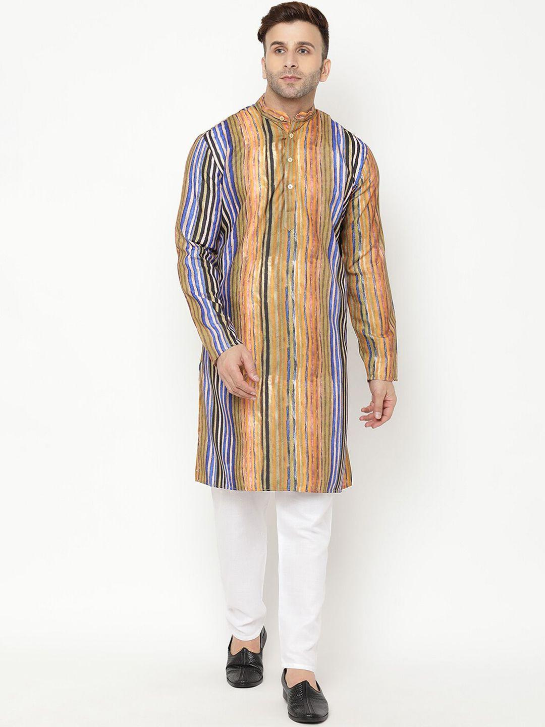 hangup-men-brown-striped-cotton-blend-kurta-with-pyjamas
