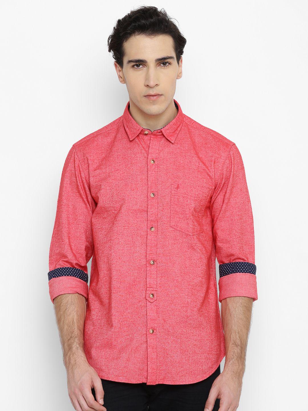 john-players-men-coral-red-trim-fit-solid-casual-shirt