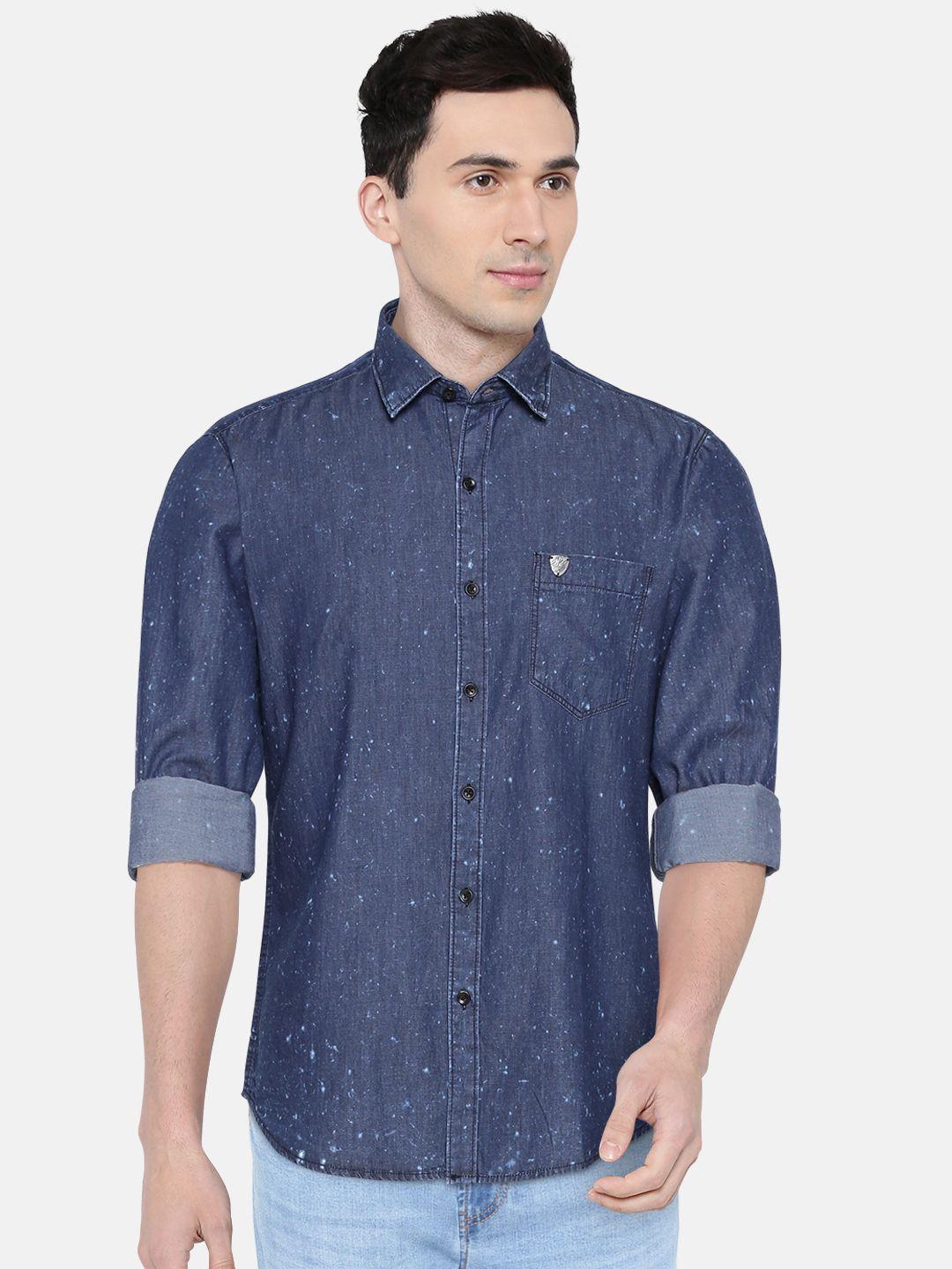 john-players-men-blue-trim-fit-printed-denim-casual-shirt