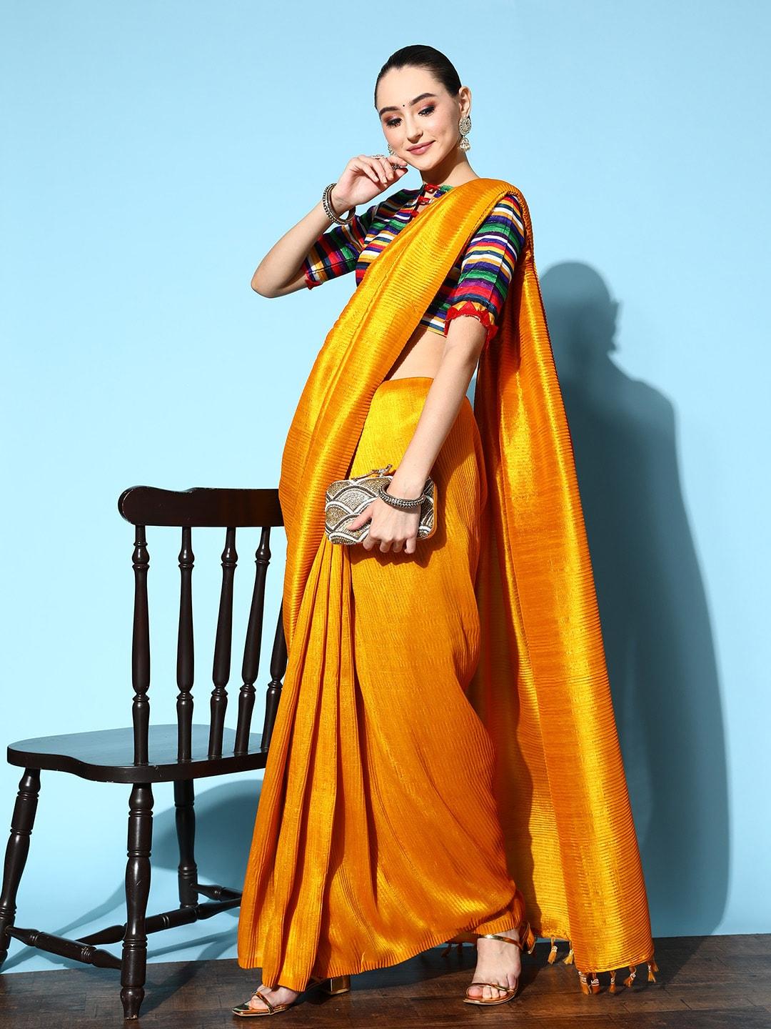 shaily-mustard-yellow-self-striped-art-silk-saree