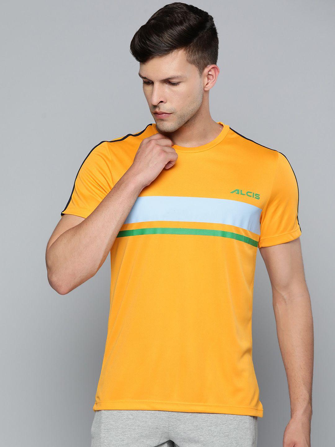 alcis-men-yellow-&-blue-striped-slim-fit-t-shirt